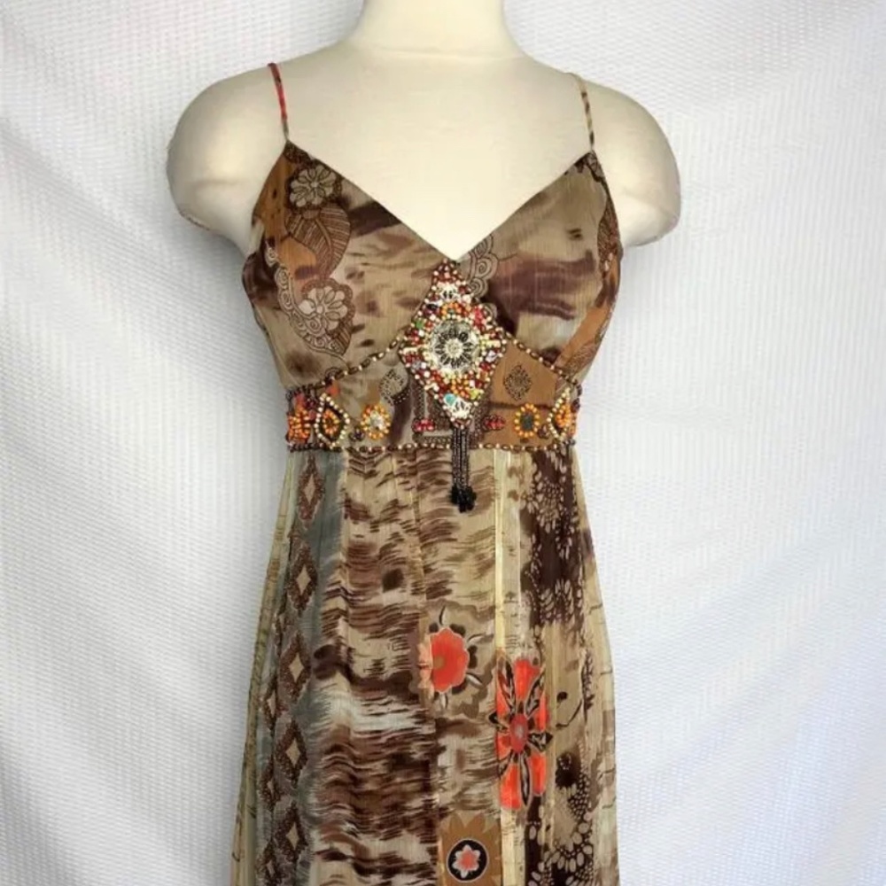 SUE WONG Size 12 Silk Beaded Tribal Print Padded Bodice Spaghetti Strap Dress 12
